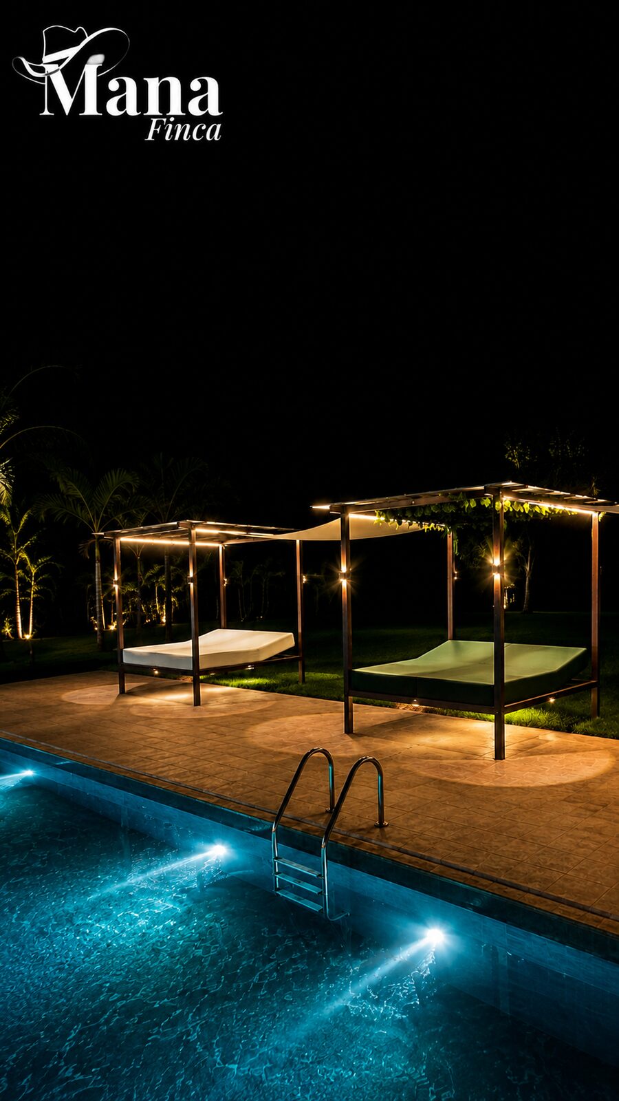 Camas de descanso junto a la piscina iluminada
