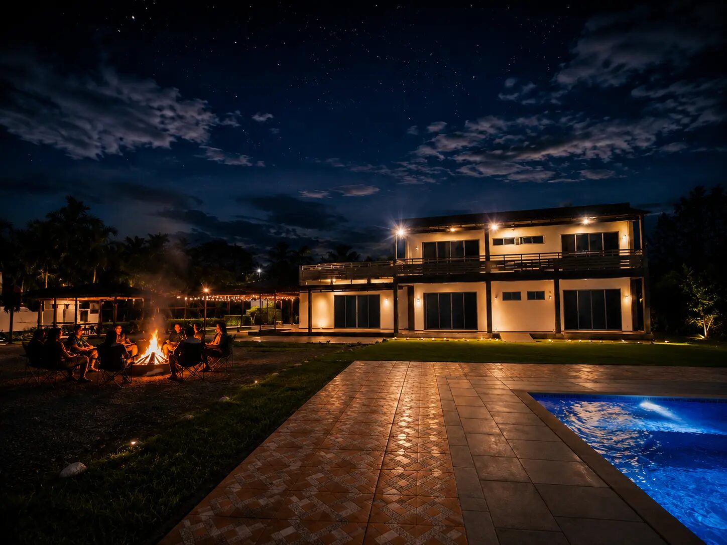 Casa principal de Finca Mana iluminada de noche con fogata